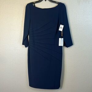 Gorgeous NWT size 10 David Meister faux ruched front navy dress. Lined. Zip back